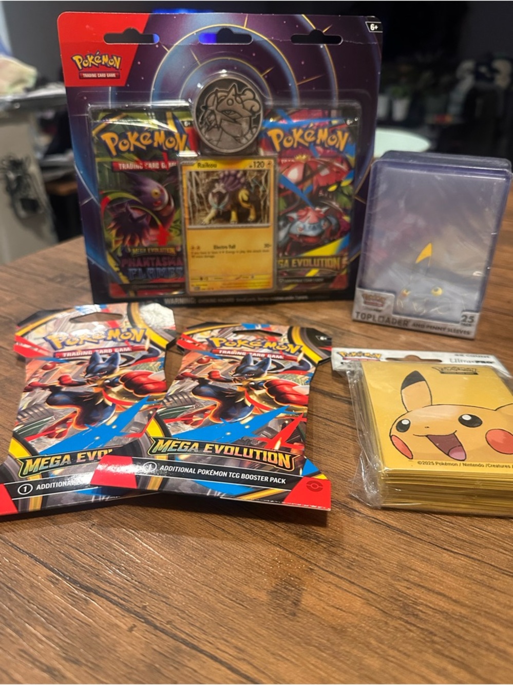 Pokémon TCG Mega Evolution Booster Packs + Promo Blister Pack & Pikachu Sleeves